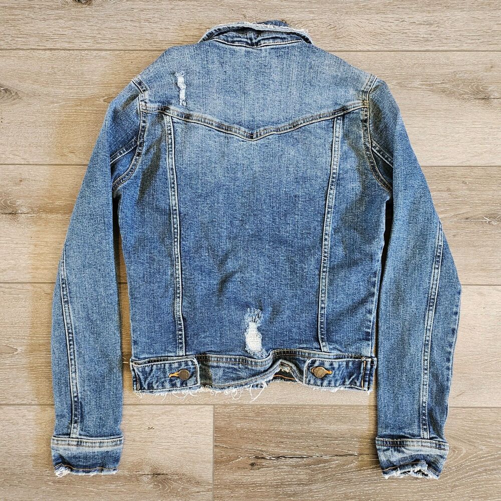 Zara Trucker Jacket Womens XS Blue Denim Distressed Raw Hem Button Front Stretch - Picture 6 of 6